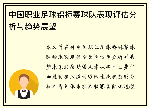 中国职业足球锦标赛球队表现评估分析与趋势展望