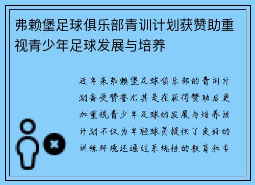弗赖堡足球俱乐部青训计划获赞助重视青少年足球发展与培养