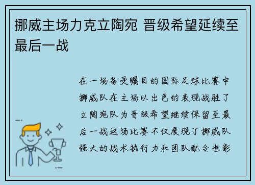 挪威主场力克立陶宛 晋级希望延续至最后一战