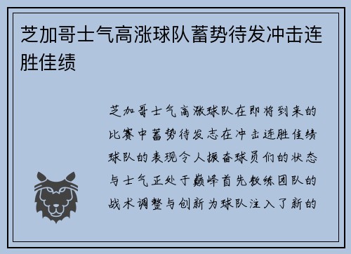芝加哥士气高涨球队蓄势待发冲击连胜佳绩