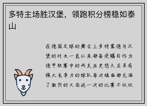多特主场胜汉堡，领跑积分榜稳如泰山