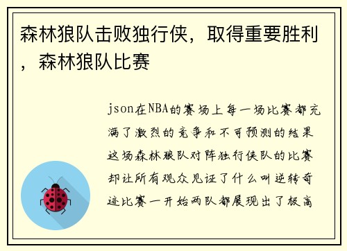 森林狼队击败独行侠，取得重要胜利，森林狼队比赛