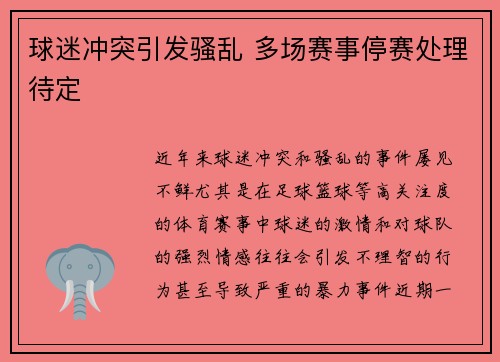 球迷冲突引发骚乱 多场赛事停赛处理待定